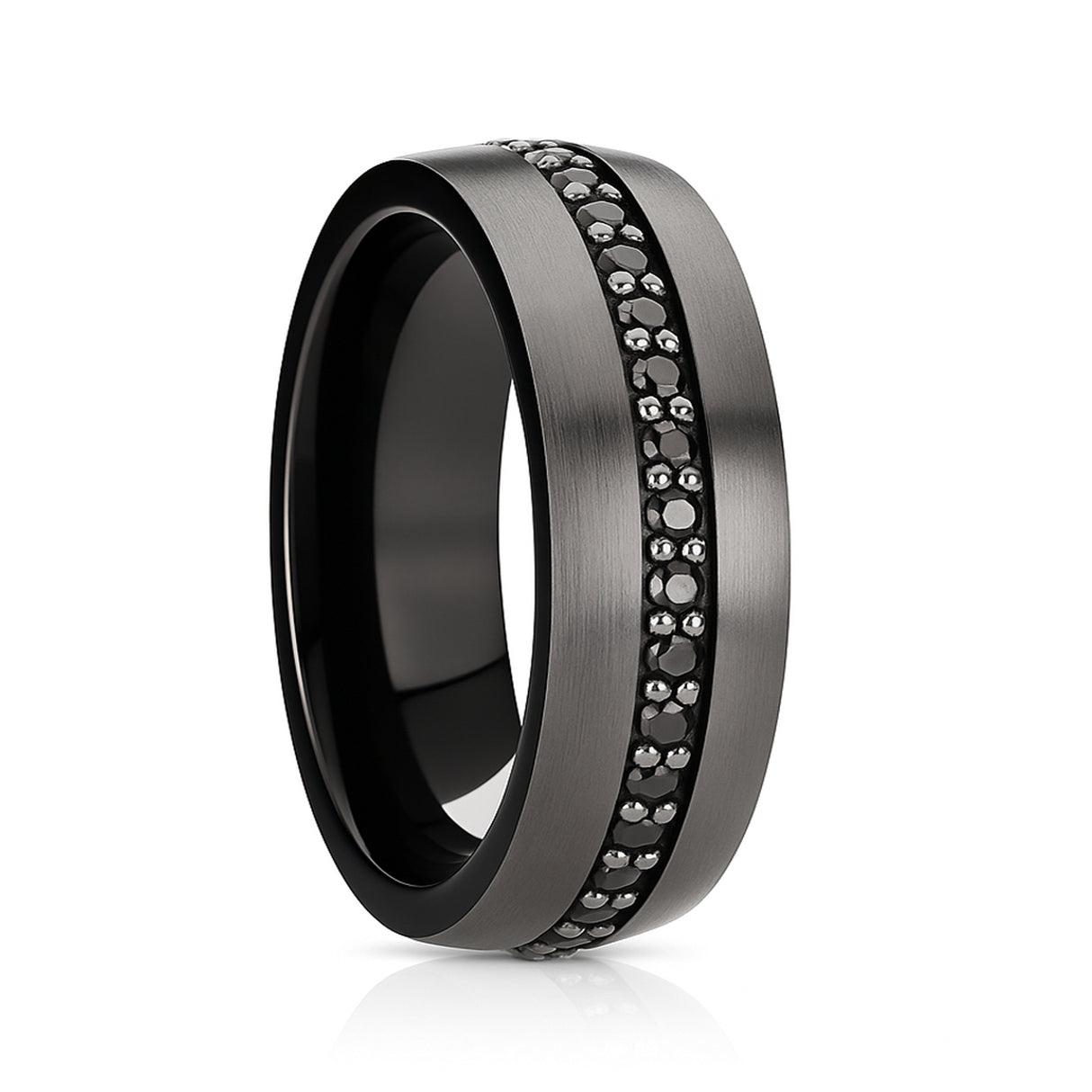 8mm Gunmetal & Black Tungsten Carbide Wedding Band with Black Sapphires