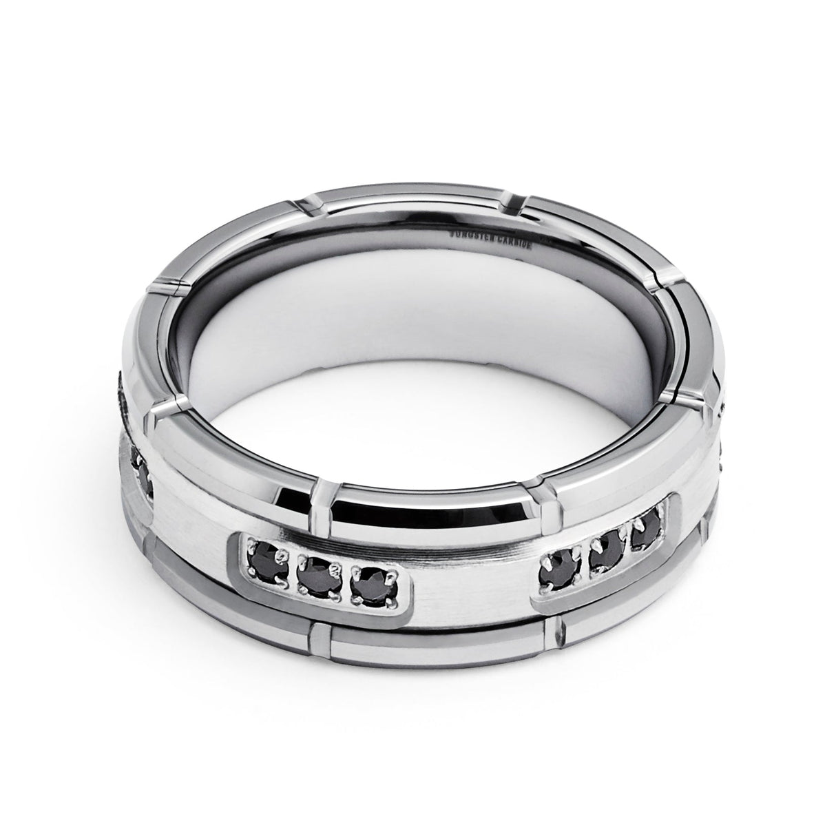 Tungsten Wedding Band Silver W/ Black Diamonds Ring, Grooved - 8mm