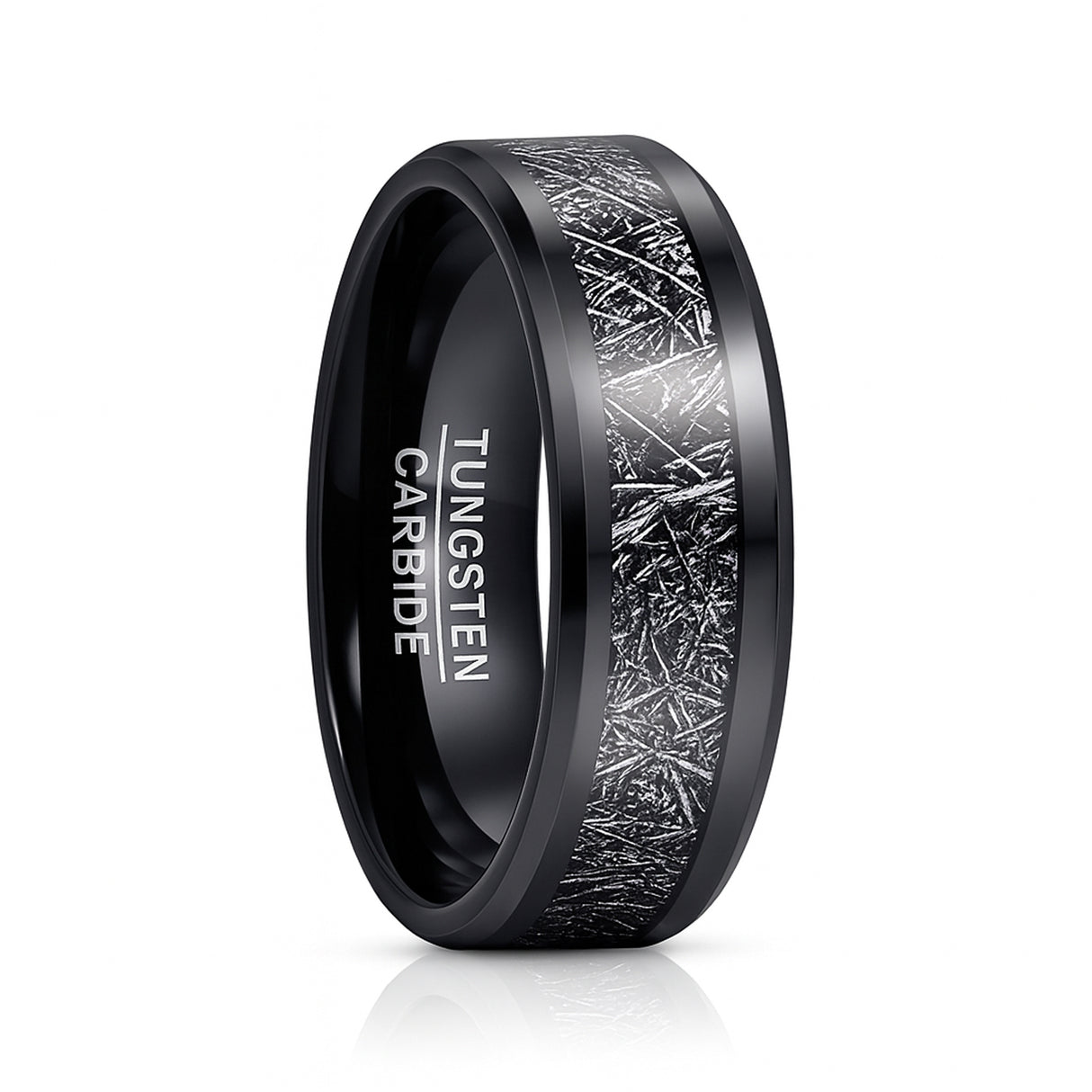 8mm - Tungsten wedding Rings W/ Black Meteorite Inlay Beveled Edges