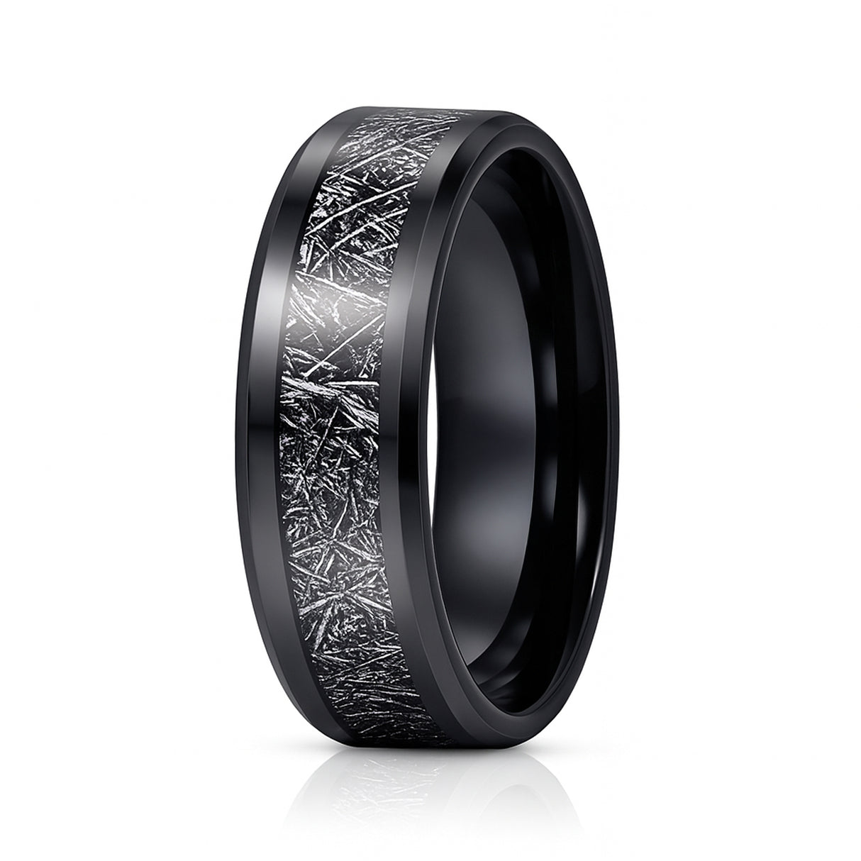 8mm - Tungsten wedding Rings W/ Black Meteorite Inlay Beveled Edges