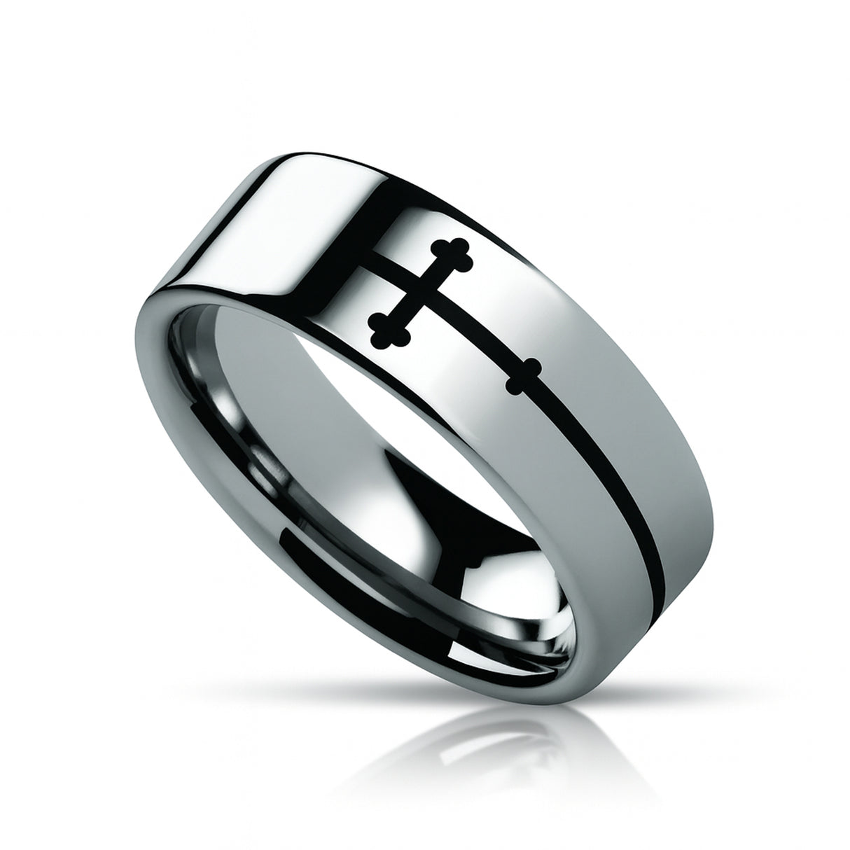 SIDEWAYS CROSS on Flat Tungsten Carbide Ring