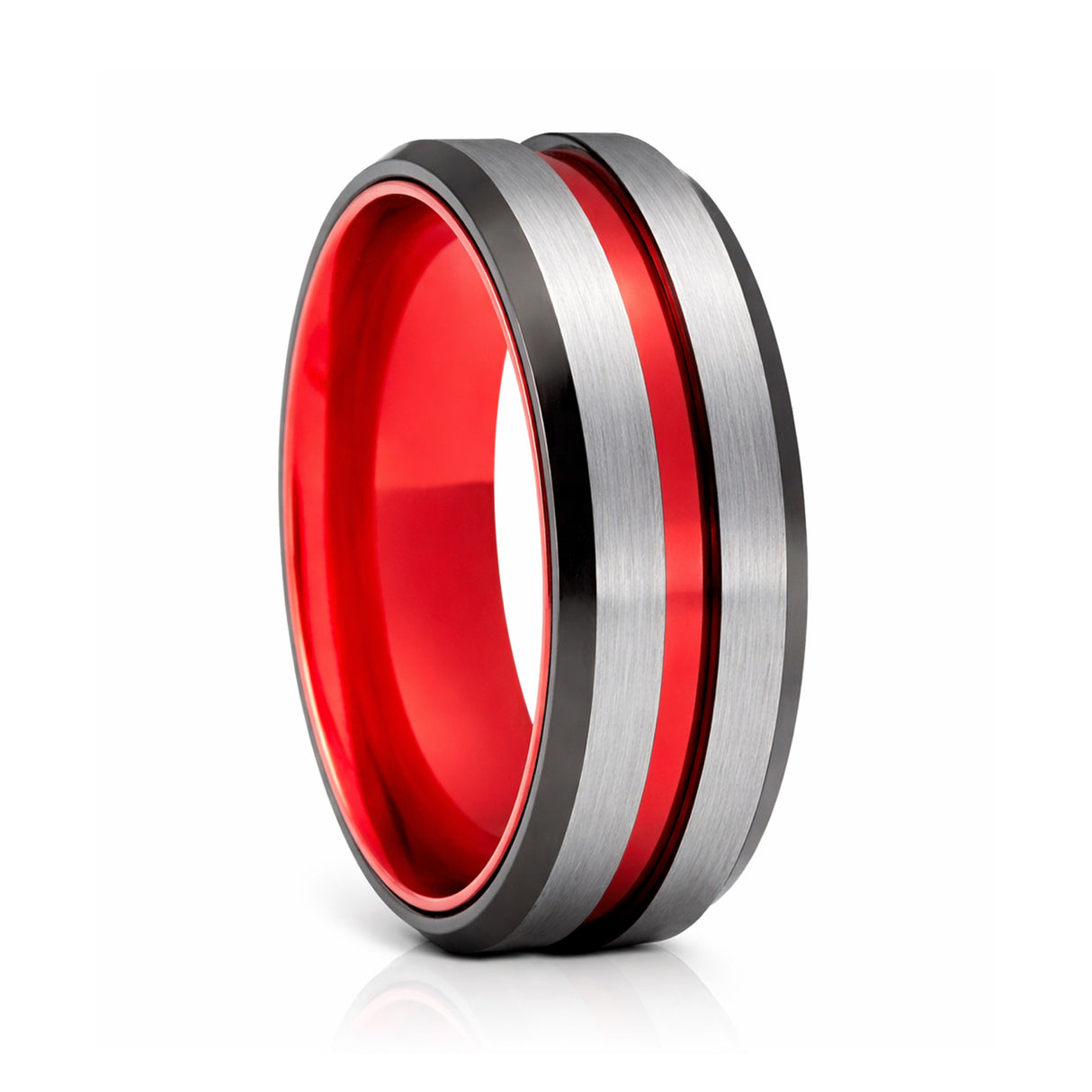 8mm - Red Tungsten Ring Black beveled edges w/ Brushed center wedding band