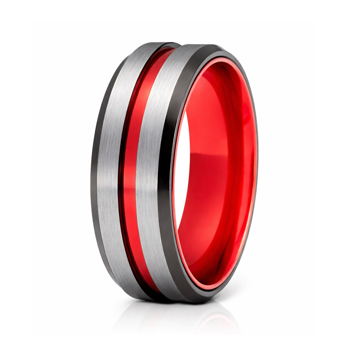 8mm - Red Tungsten Ring Black beveled edges w/ Brushed center wedding band