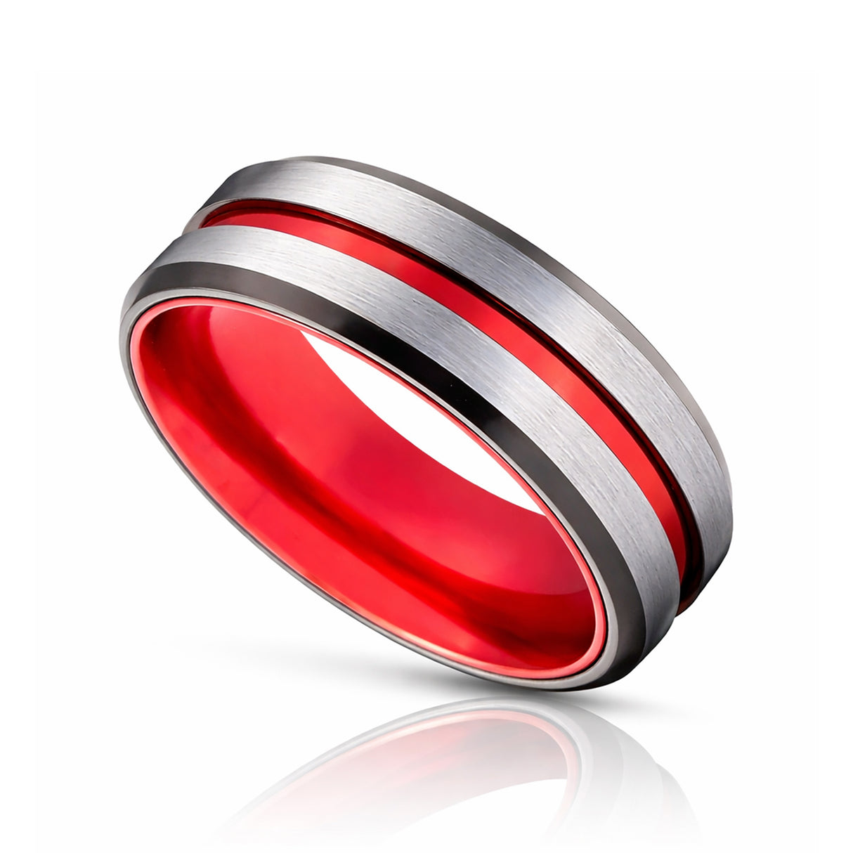 8mm - Red Tungsten Ring Black beveled edges w/ Brushed center wedding band