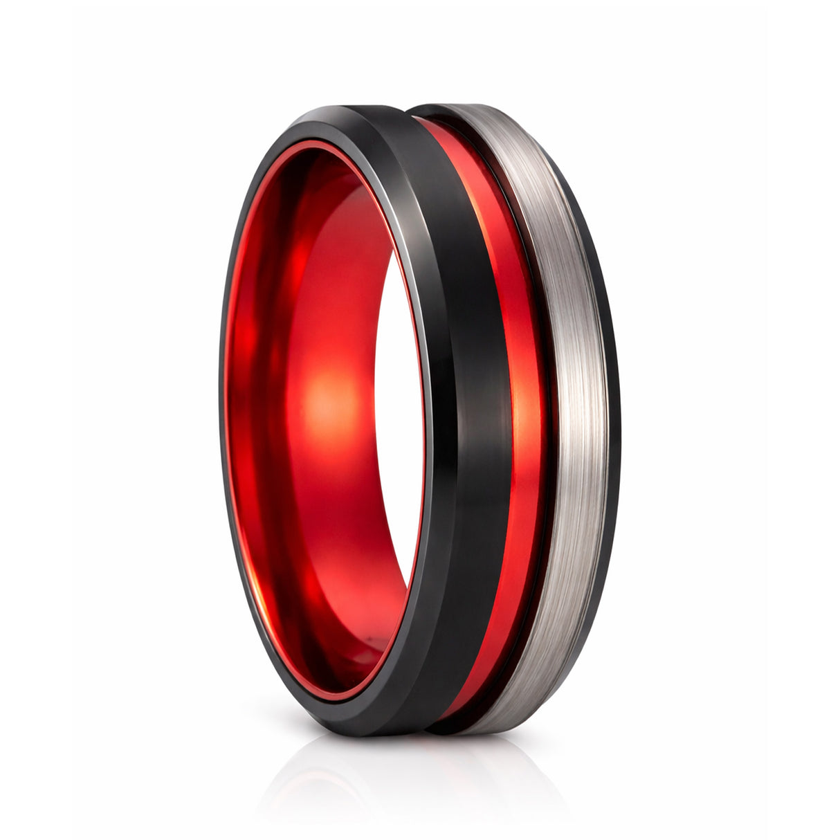 8mm - Red Tungsten Ring w/Black beveled edges w/ half Brushed center wedding band