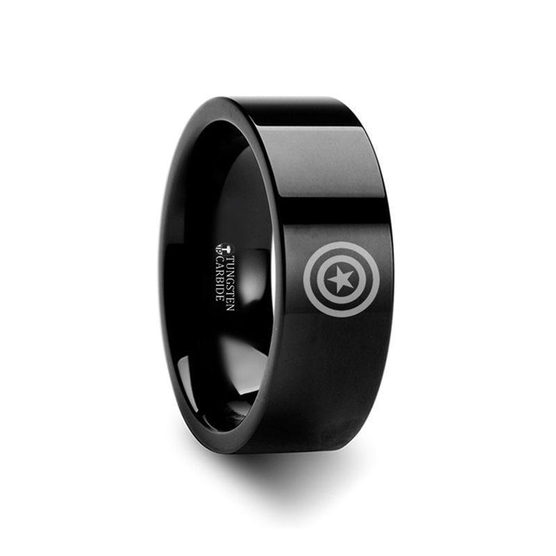 Captain America Super Hero Black Tungsten Engraved Ring Jewelry - 10mm - 12mm