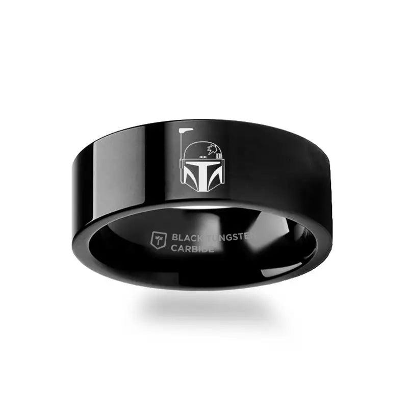 Boba Fett Helmet Symbol Star Wars Polished Black Tungsten Engraved Ring Jewelry - 10mm - 12mm