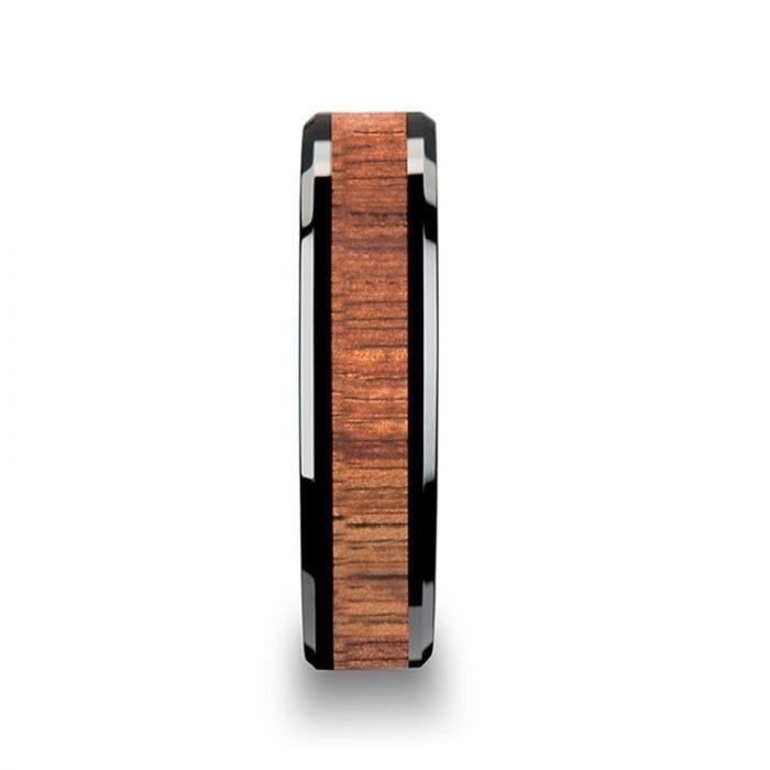 ACACIA Koa Wood Inlaid Black Ceramic Ring with Bevels - 10mm - 12mm