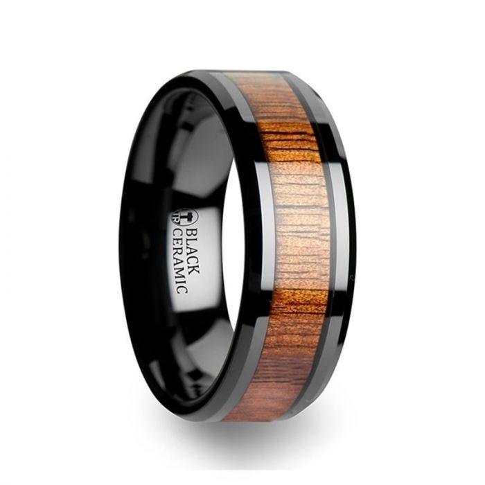 ACACIA Koa Wood Inlaid Black Ceramic Ring with Bevels - 4mm - 8mm