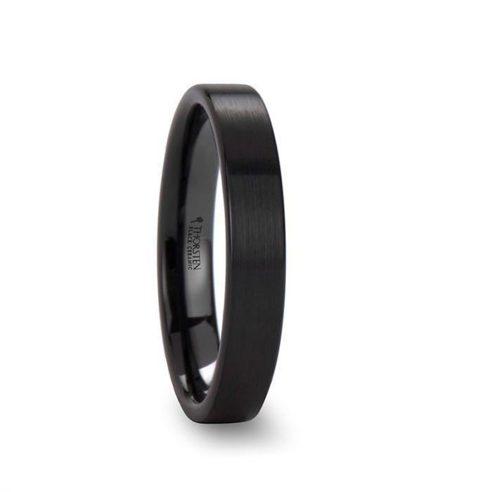 DRAKON Flat Pipe Cut Brush Finished Black Ceramic Wedding Band - 10mm - 12mm