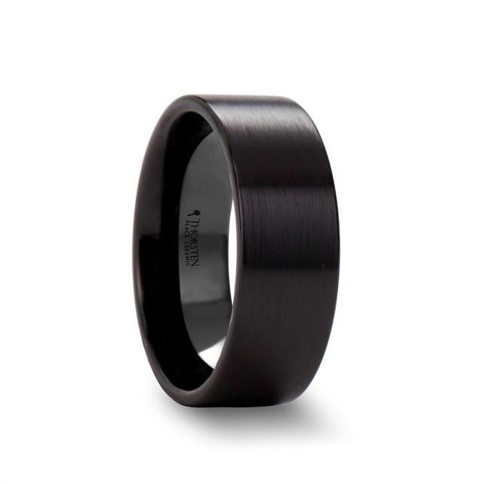 DRAKON Flat Pipe Cut Brush Finished Black Ceramic Wedding Band - 10mm - 12mm