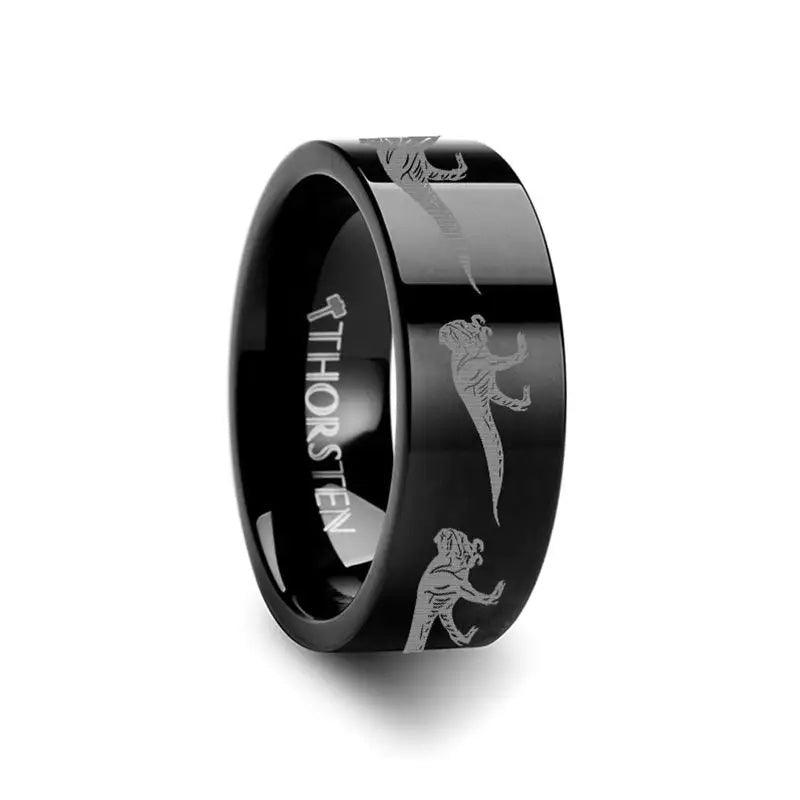 Dinosaur T-Rex Tyrannosaurus Rex Prehistoric Paleo Engraved Flat Black Tungsten Ring - 10mm - 12mm