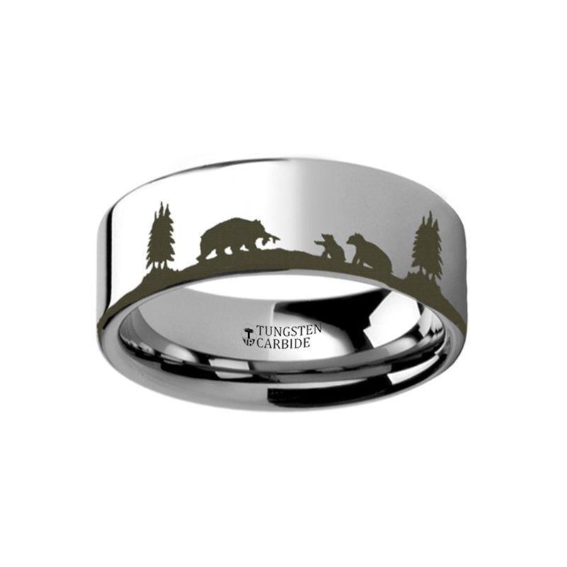 Animal Landscape Scene Bears Bear Cubs Engraved Flat Tungsten Ring - 10mm - 12mm