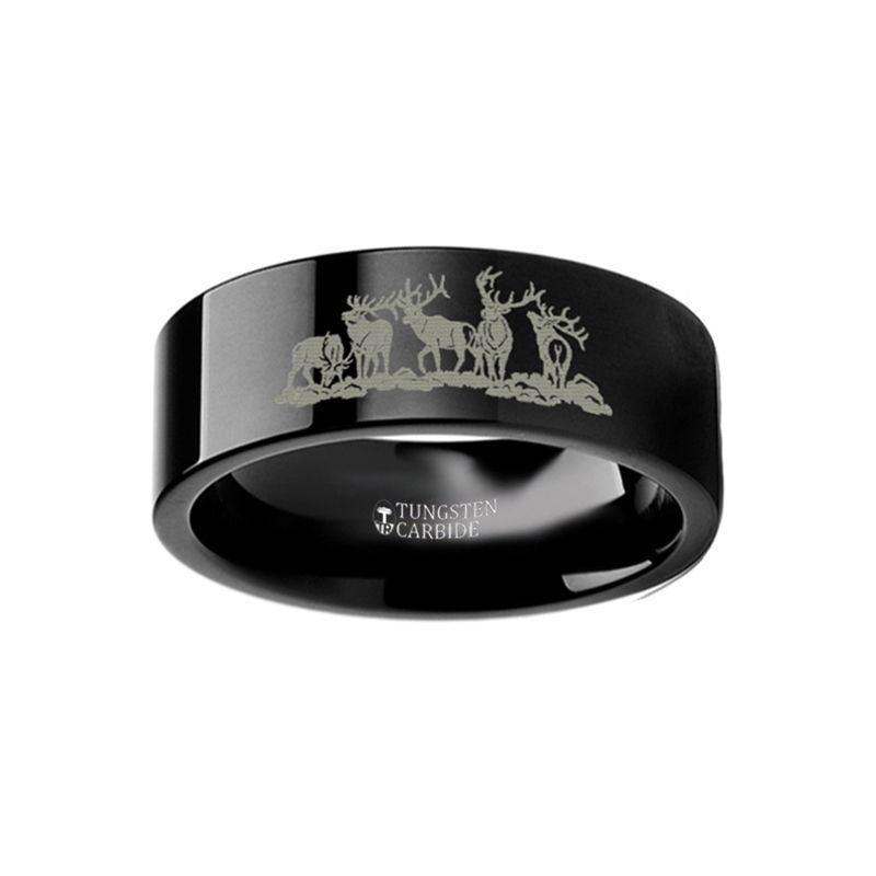 Animal Landscape Scene Five Deer Stag Hunting Engraved Flat Black Tungsten Ring - 4mm - 8mm