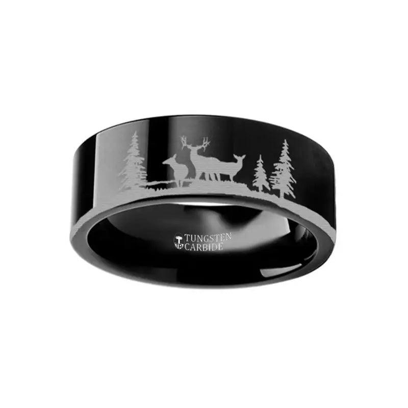 Animal Landscape Scene Reindeer Deer Stag Engraved Flat Black Tungsten Ring - 4mm - 8mm