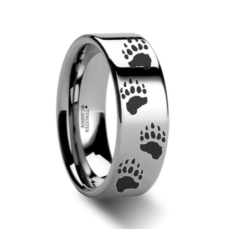 Animal Track Bear Paw Print Ring Engraved Flat Tungsten - 10mm - 12mm