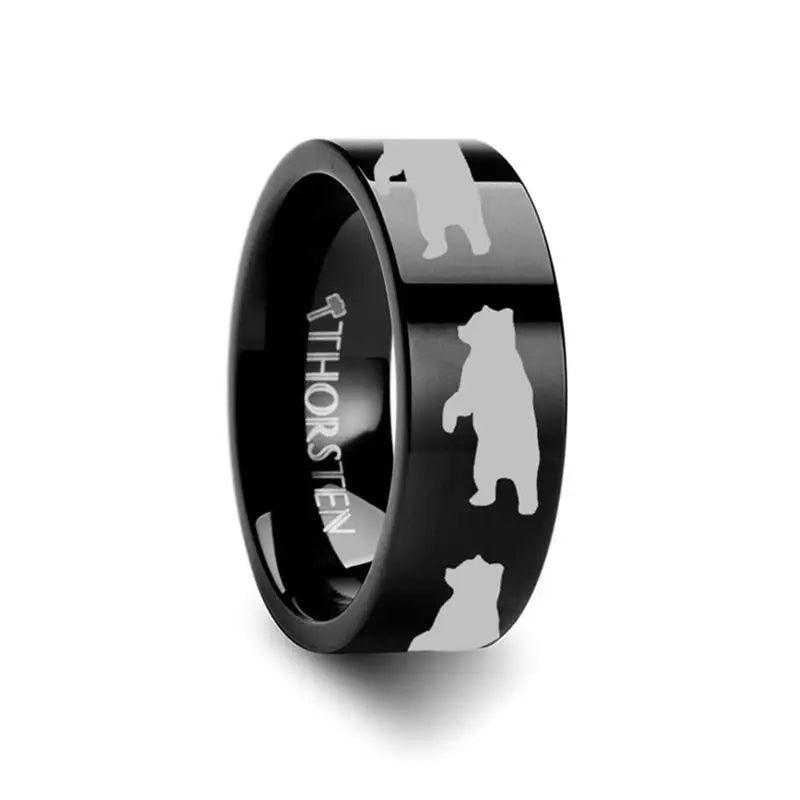 Bear Print Engraved Flat Black Tungsten Ring - 10mm - 12mm
