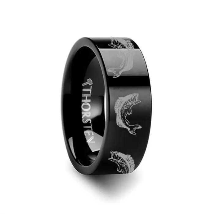 Bass Fish Jumping Sea Print Pattern Engraved Flat Black Tungsten Ring - 4mm - 8mm
