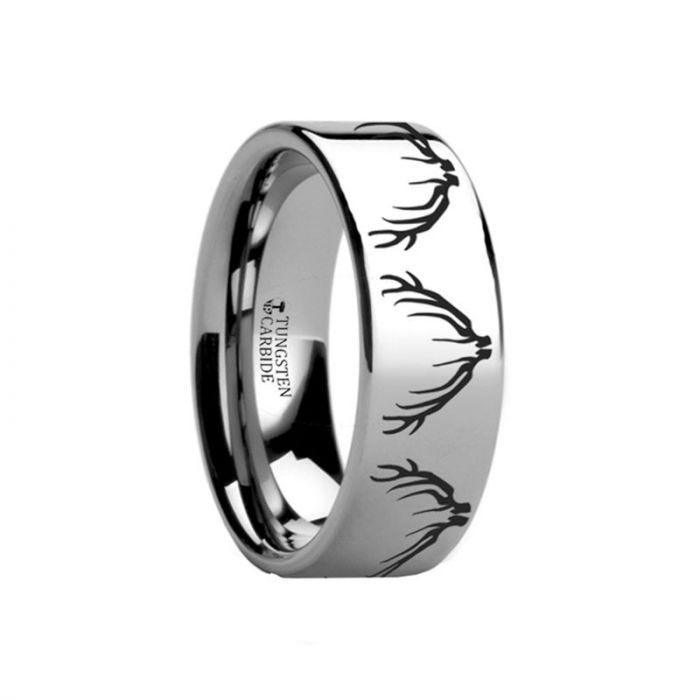 Deer Elk Antler Engraved Flat Tungsten Ring Polished- 10mm - 12mm