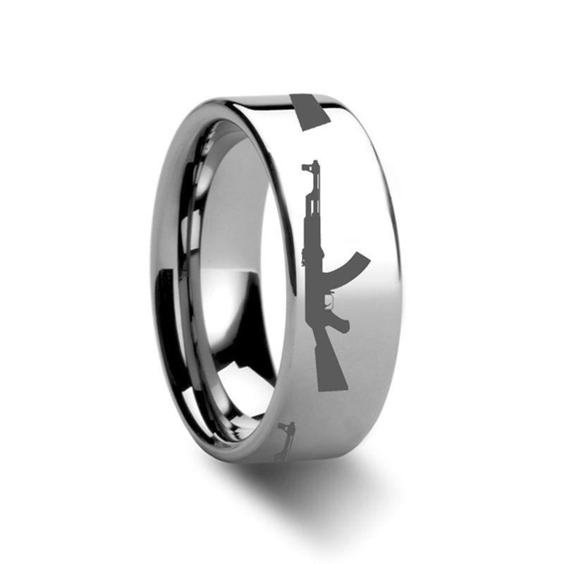 AK-47 Firearm AK47 Design Engraved Flat Tungsten Ring - 4mm - 8mm