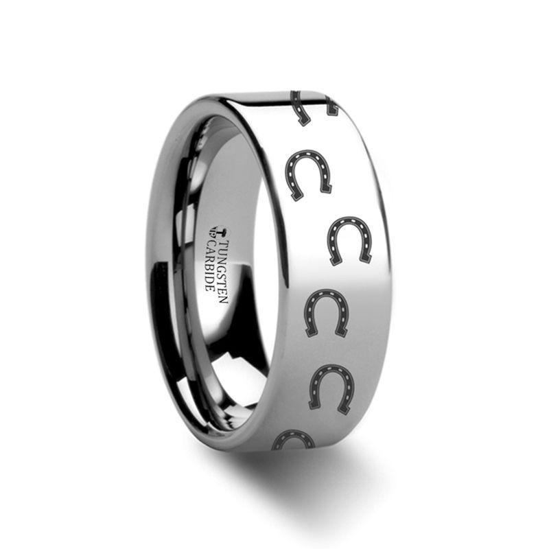 Animal Horse Shoe Print Engraved Flat Tungsten Ring - 10mm - 12mm