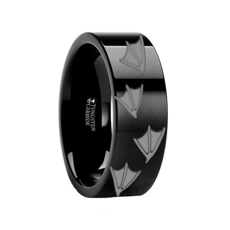 Animal Track Duck Print Engraved Flat Black Tungsten Ring Polished- 4mm - 8mm