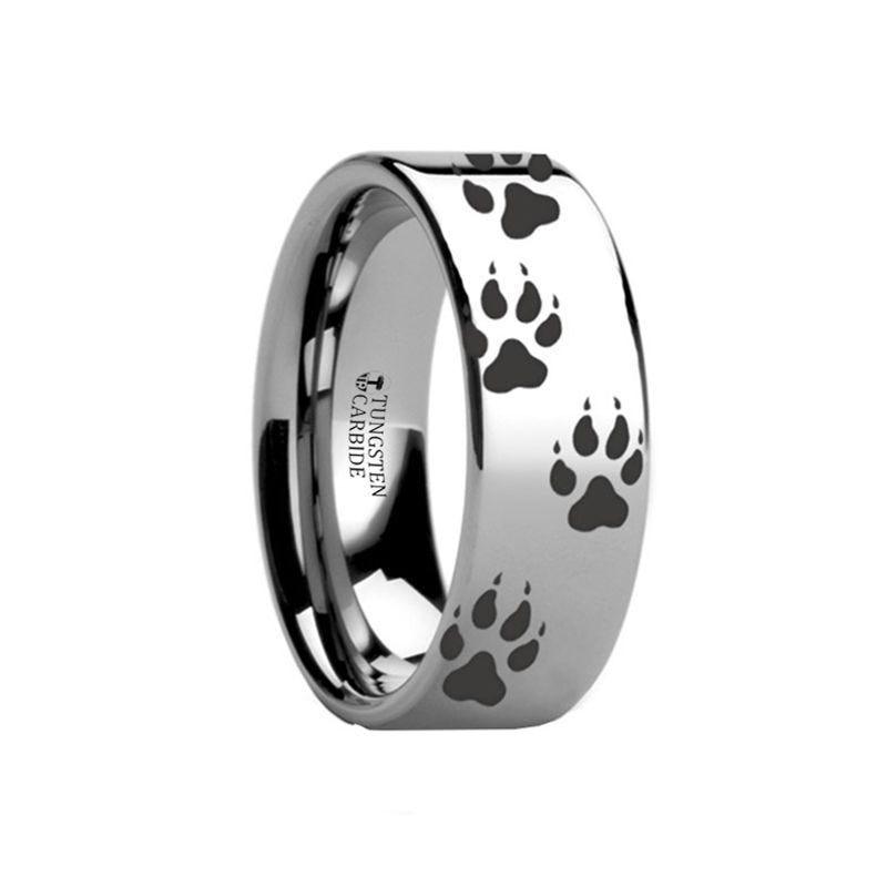 Animal Track Wolf Print Ring Engraved Flat Tungsten Polished- 10mm - 12mm