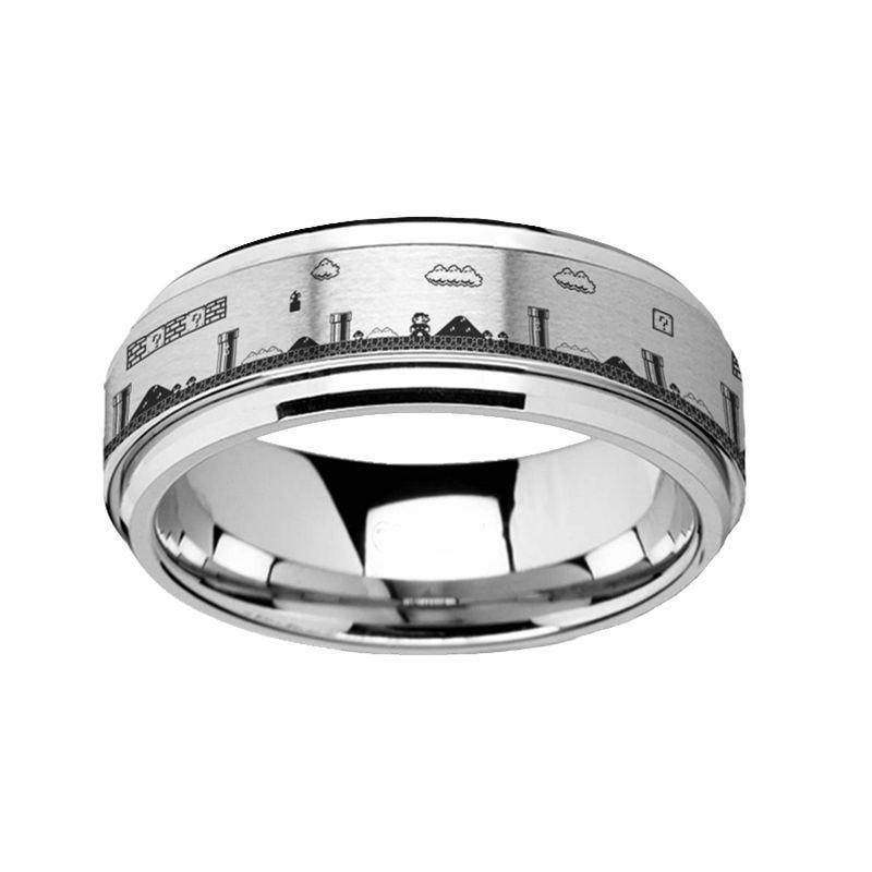 Spinning Engraved Super Mario Bros Pixel Level Game Tungsten Carbide Spinner Ring