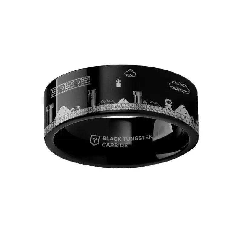 Engraved Super Mario Bros Pixel Level Game Black Tungsten Ring - 10mm - 12mm
