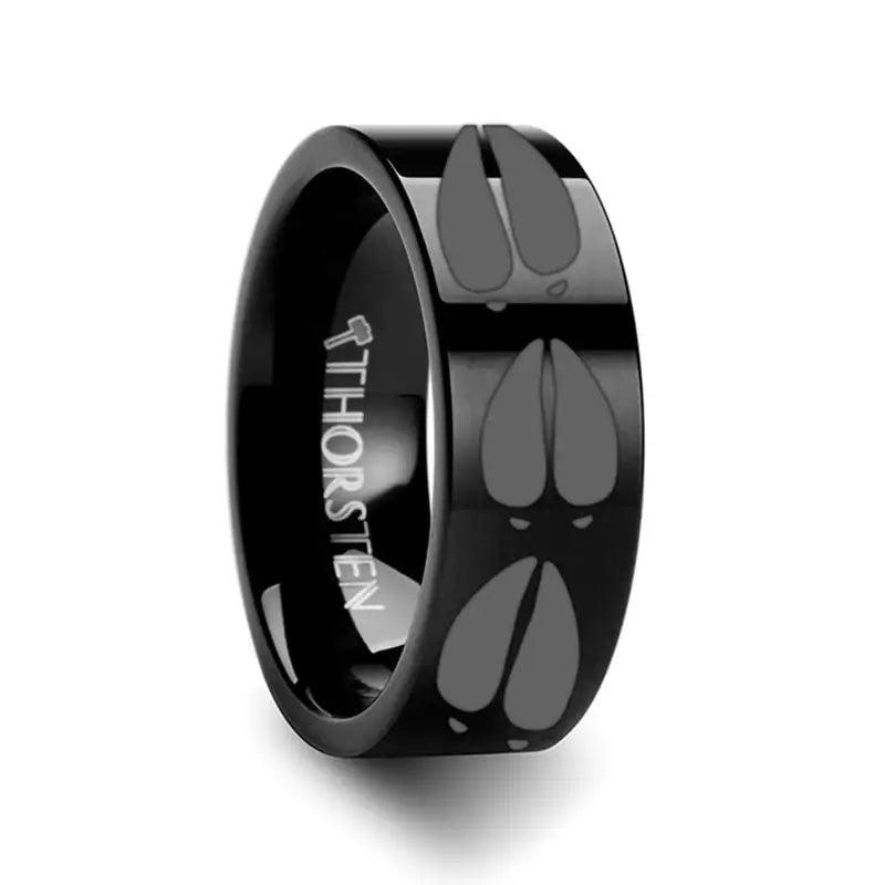 Animal Deer Track Mule Print Engraved Flat Black Tungsten Ring - 10mm - 12mm