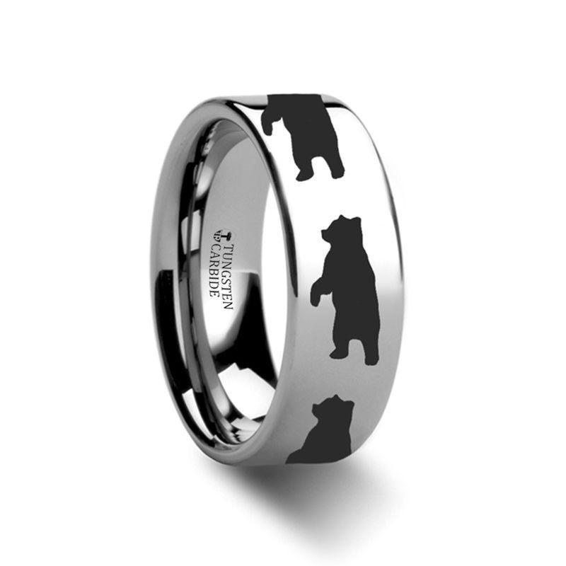 Animal Standing Bear Engraved Flat Tungsten Ring - 4mm - 8mm