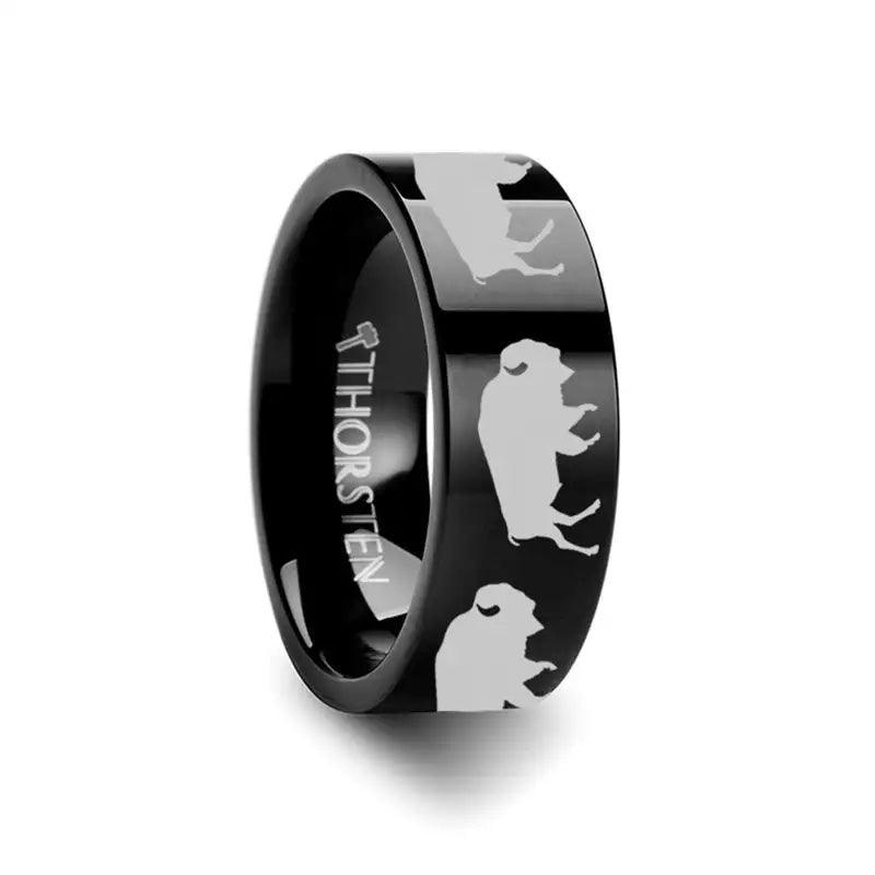 Animal Silhouette Buffalo Engraved Flat Black Tungsten Ring - 4mm - 8mm