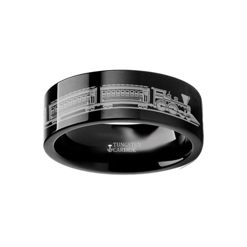 Conductor Long Train Railroad Trolly Landscape Engraved Flat Black Tungsten Ring - 10mm - 12mm