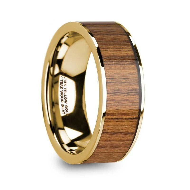 TERIS Men's Polished 14k Yellow Gold Wedding Ring with Teak Wood Inlay - 8mm
