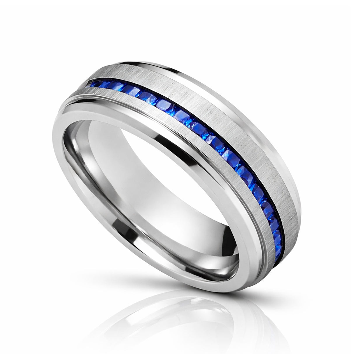 8mm - Mens Titanium Wedding Band With Blue Sapphire Titanium Ring