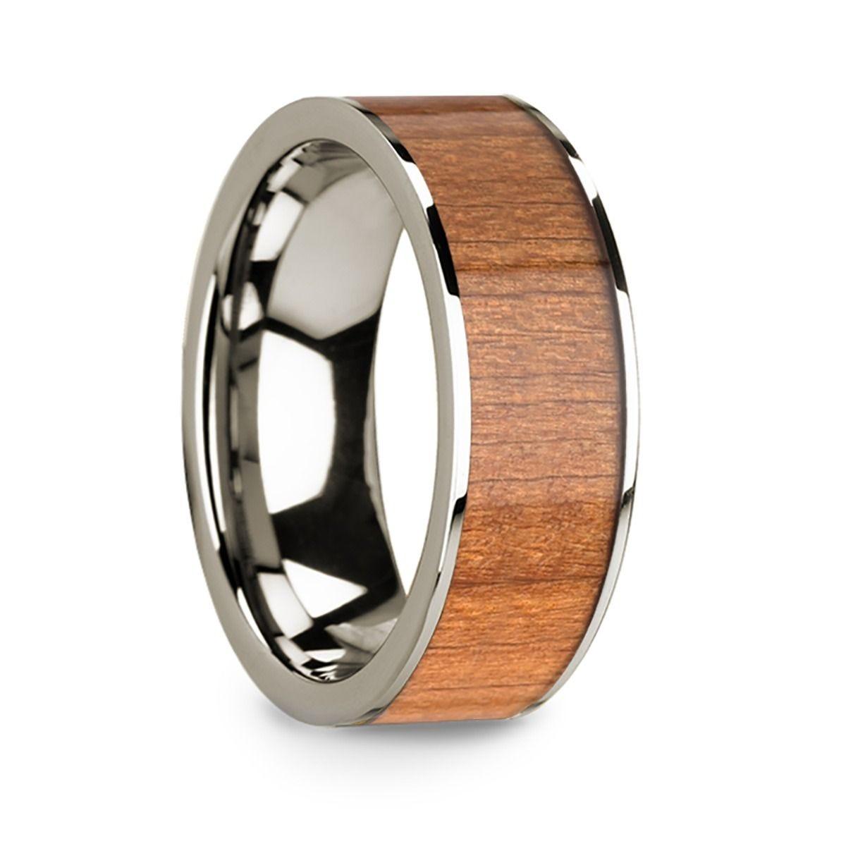 Men's 14k White Gold Wedding Band with Sapele Wood Inlay & Polished Finish - 8mm