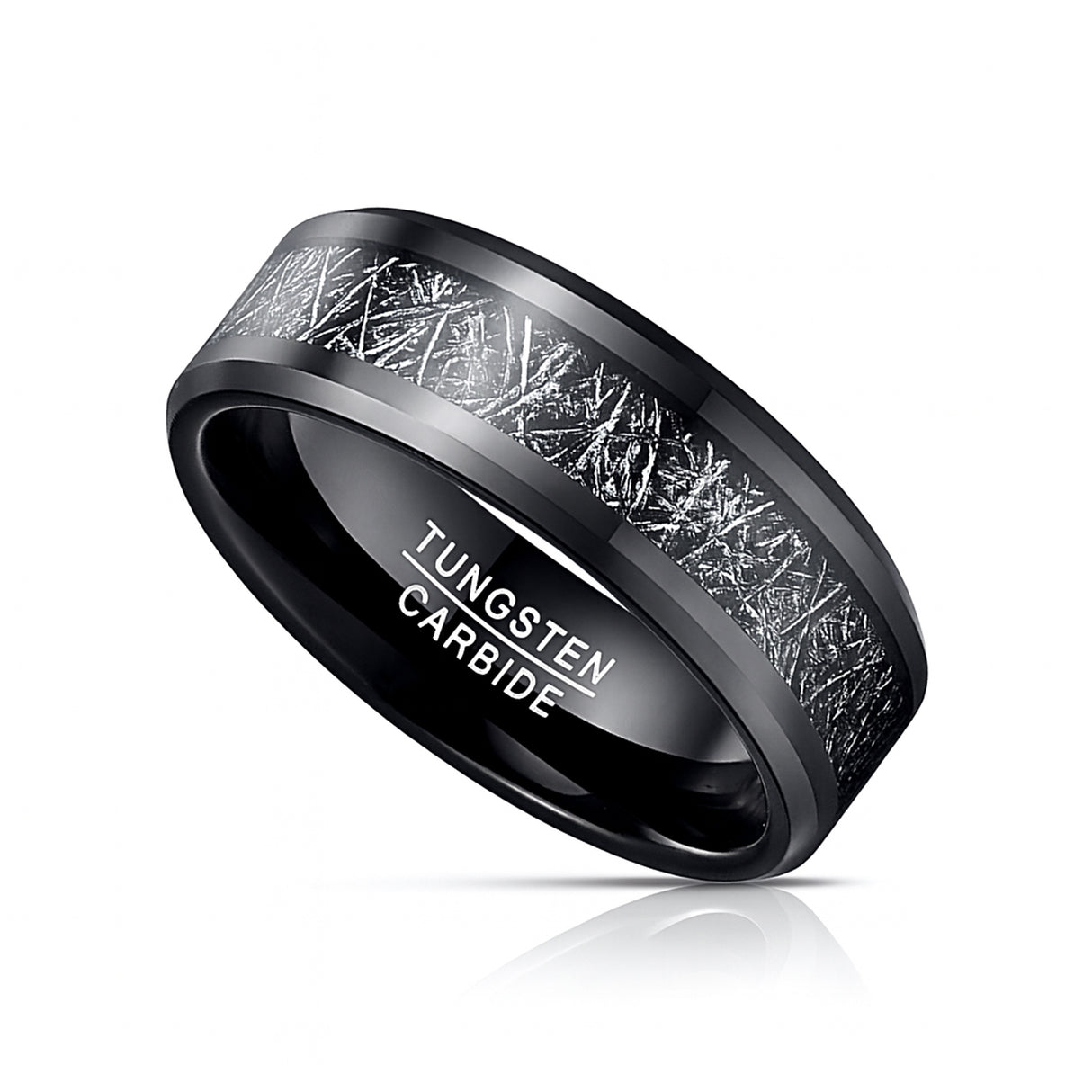 8mm - Tungsten wedding Rings W/ Black Meteorite Inlay Beveled Edges
