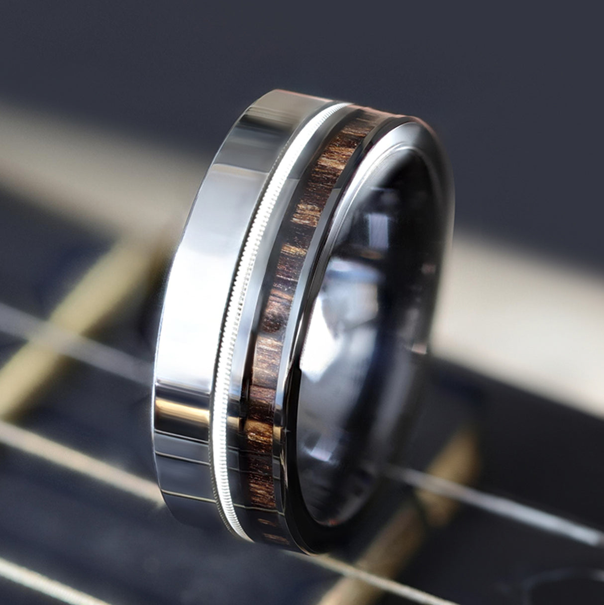 SLATE Tungsten & Black Ceramic Hybrid Ring with Steel Guitar String Ebony Wood and a Black Ceramic Interior - 8mm