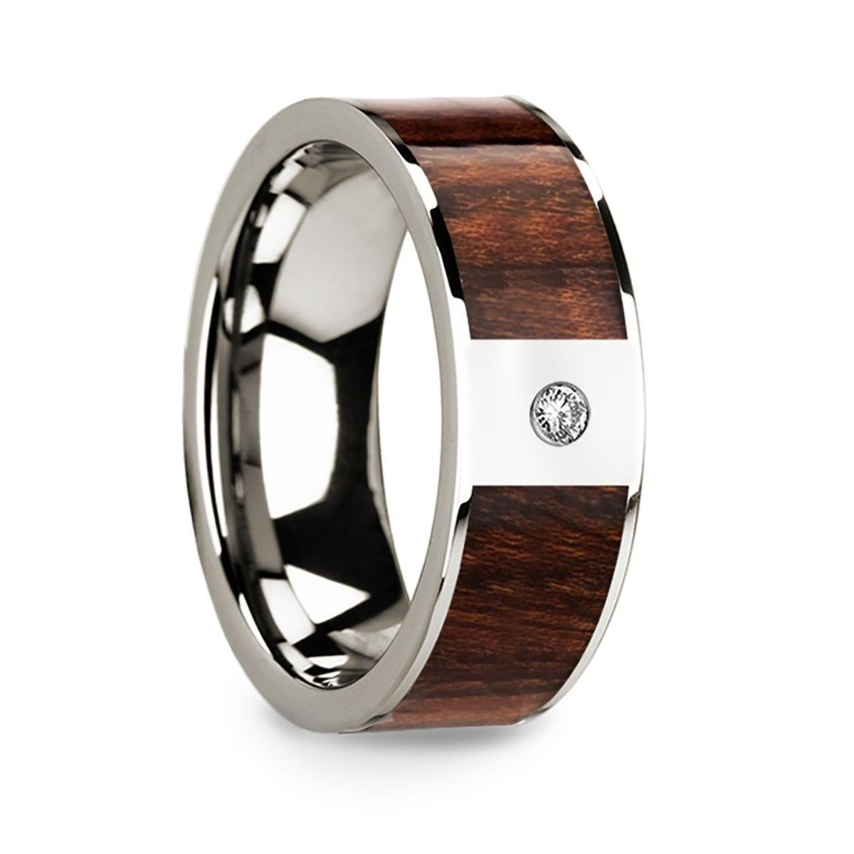 Men's Diamond Center Polished 14k White Gold Wedding Band with Carpathian Wood Inlay - 8mm