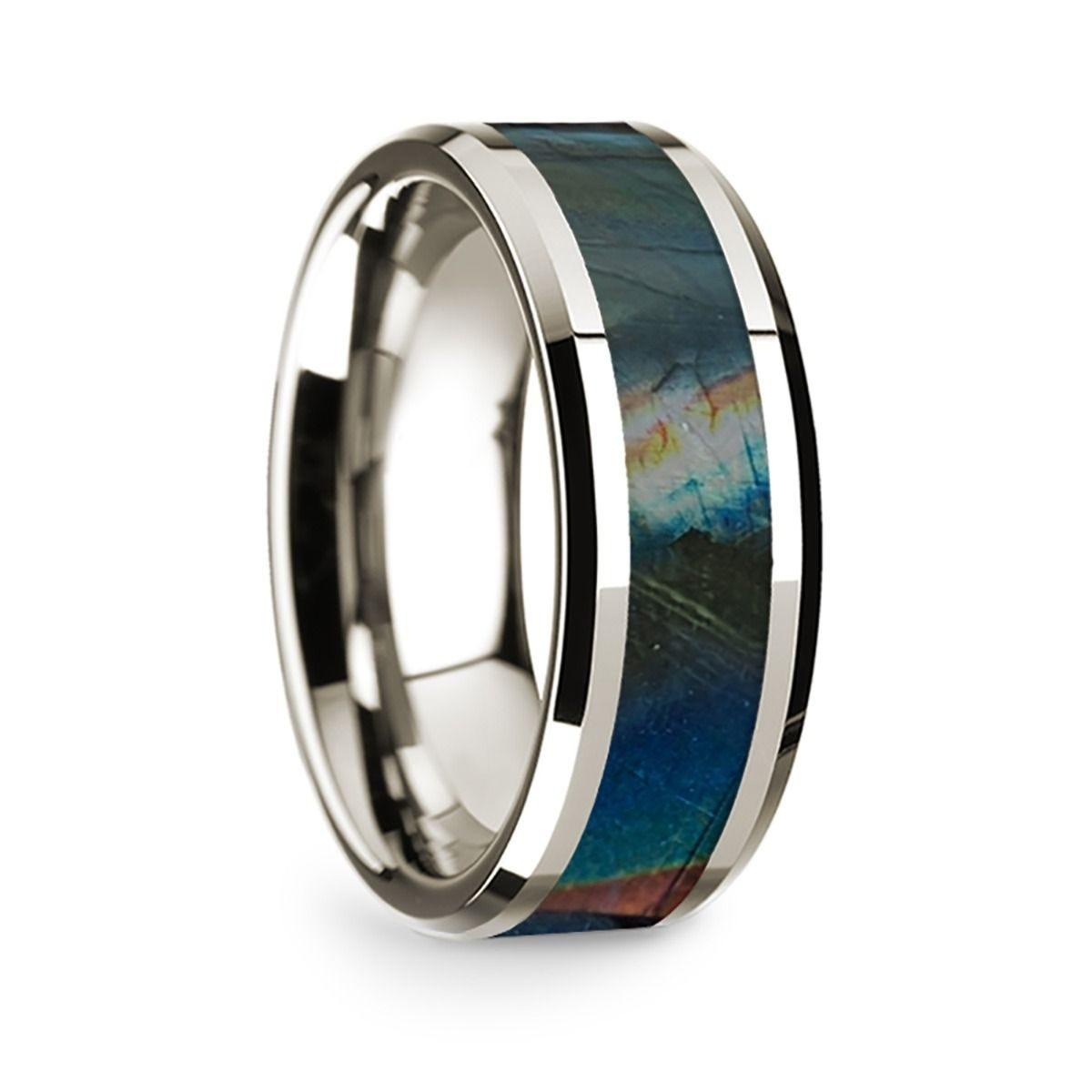 14k White Gold Polished Beveled Edges W/ Spectrolite Inlay - 8 mm