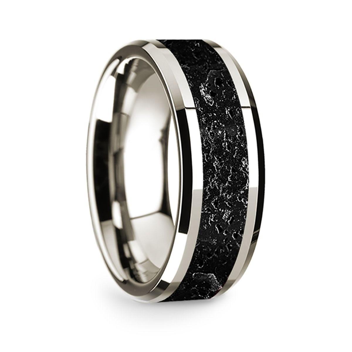 14k White Gold Polished Beveled Edges W/ Lava Inlay - 8 mm