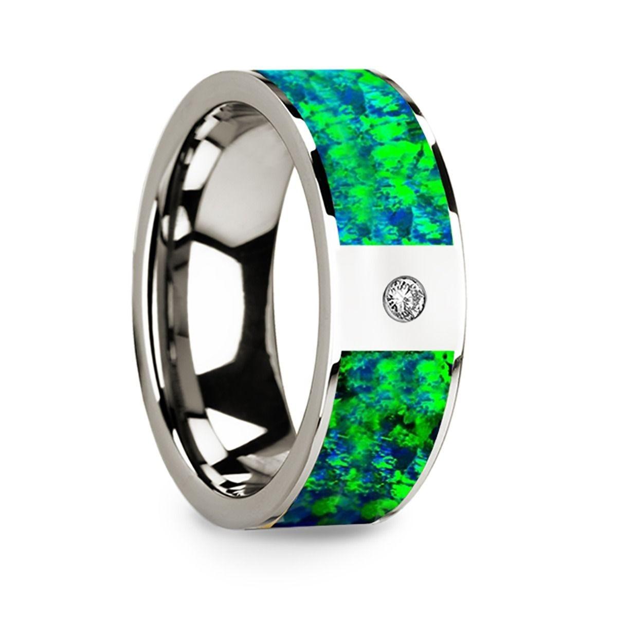Men's Polished 14k White Gold & Green/Blue Opal Inlay Wedding Ring with Diamond - 8mm