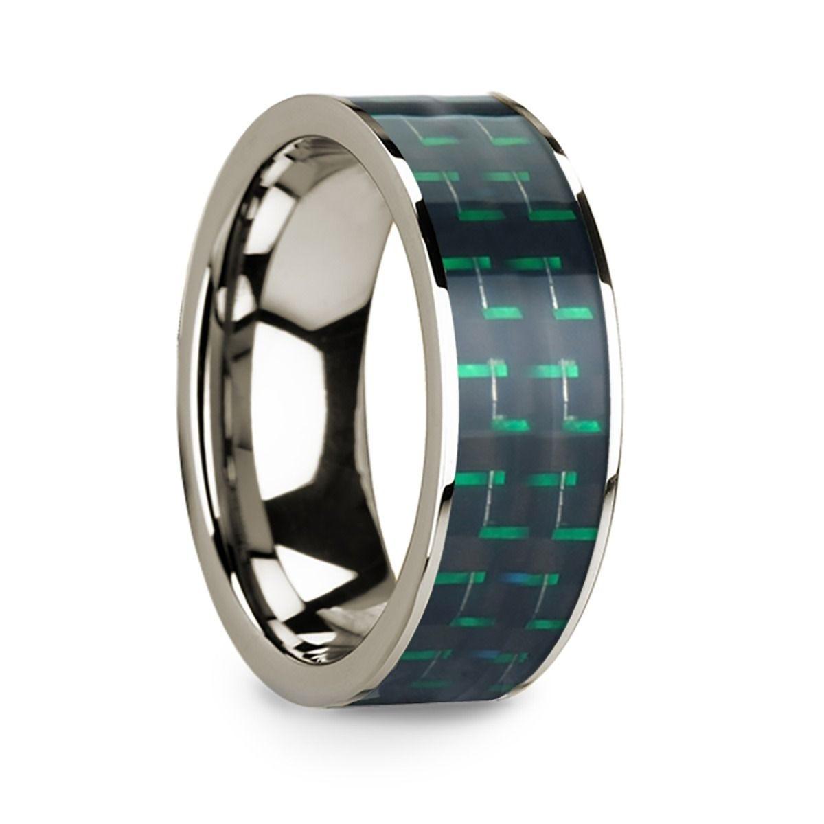 Men's Polished 14k White Gold Flat Ring with Black & Green Carbon Fiber Inlay - 8mm