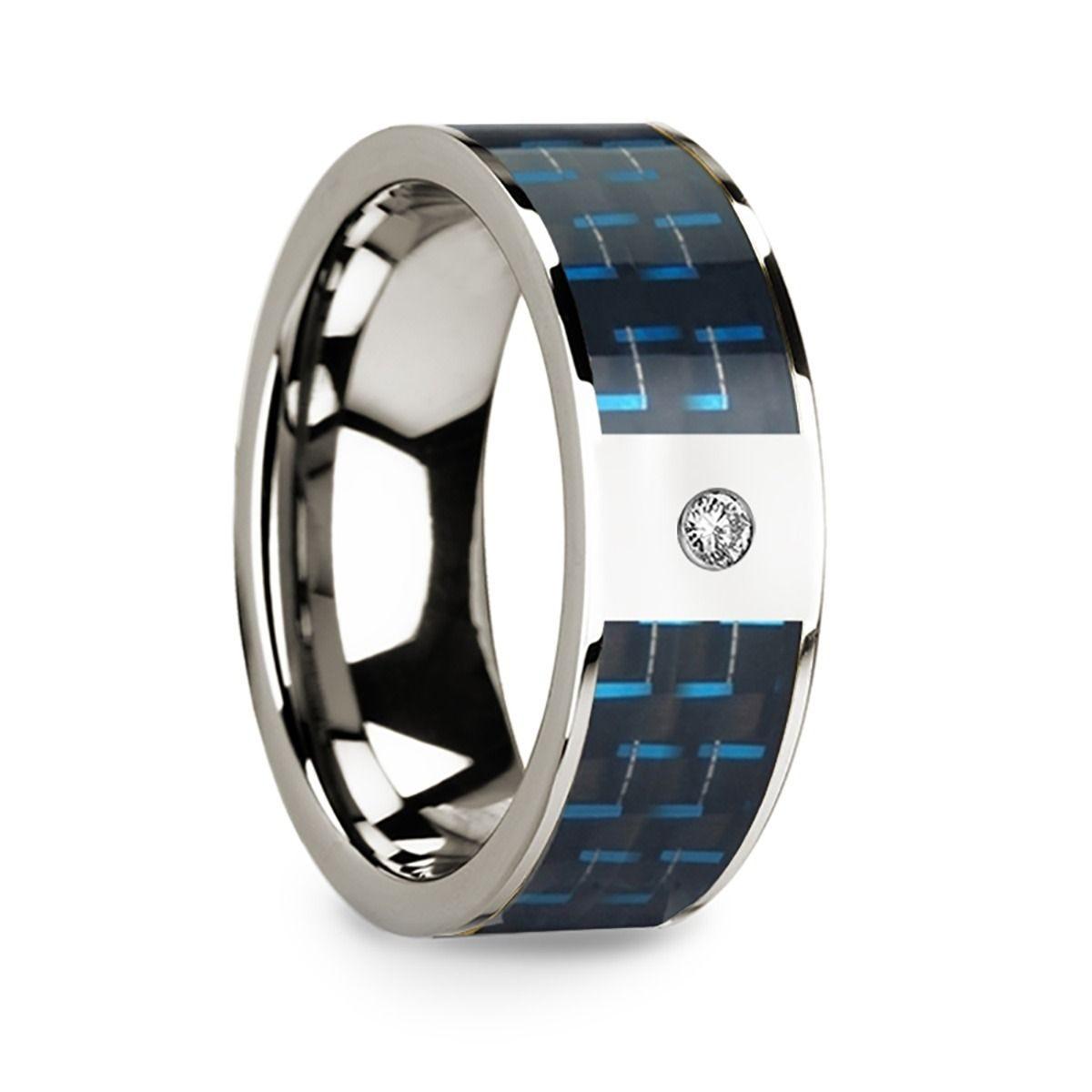 Polished 14k White Gold Diamond W/ Blue & Black Carbon Fiber Inlay - 8mm