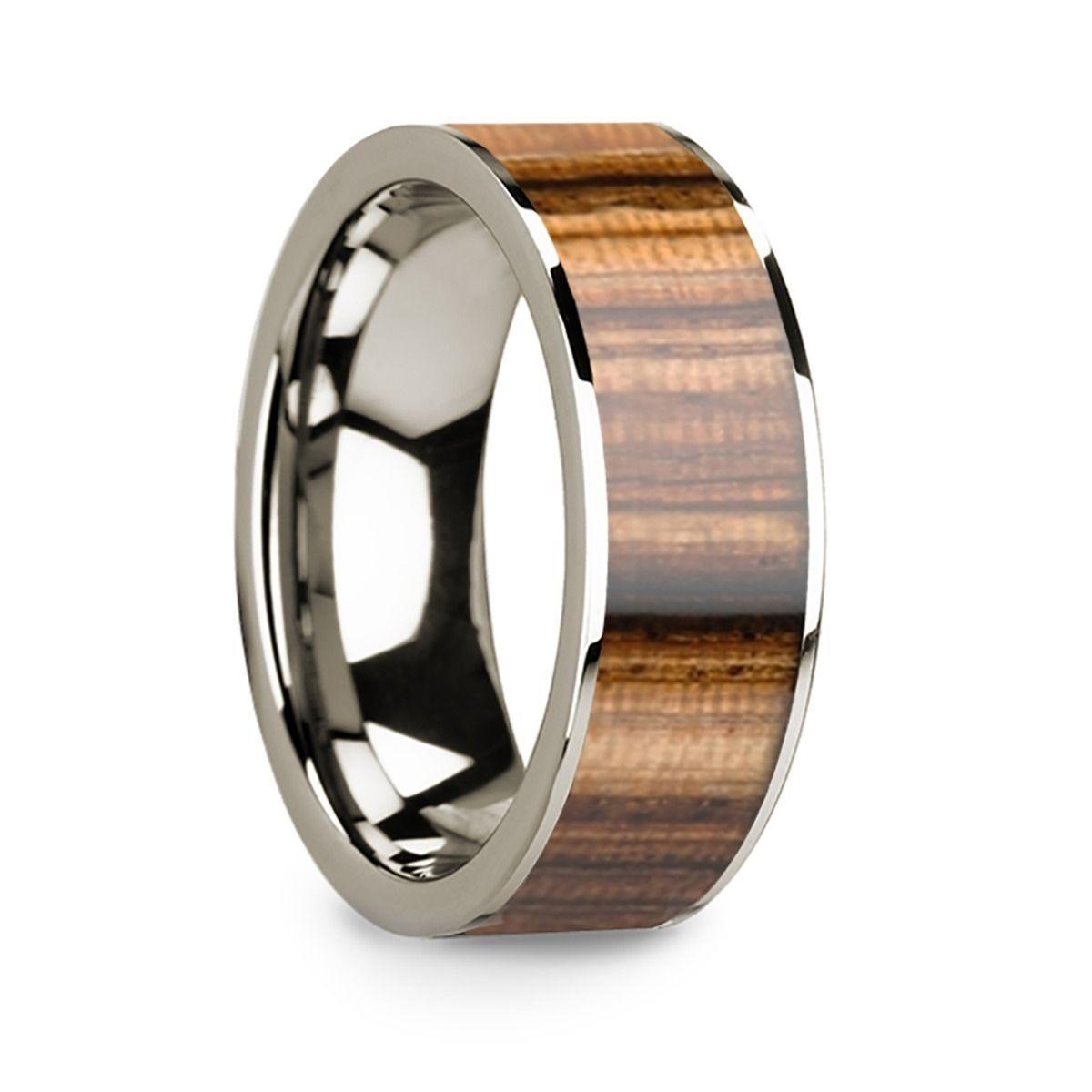 Men's Polished 14k White Gold & Zebra Wood Inlay Flat Wedding Ring - 8mm