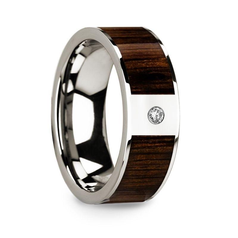 Men's Polished 14k White Gold & Black Walnut Inlay Wedding Ring with Diamond - 8mm