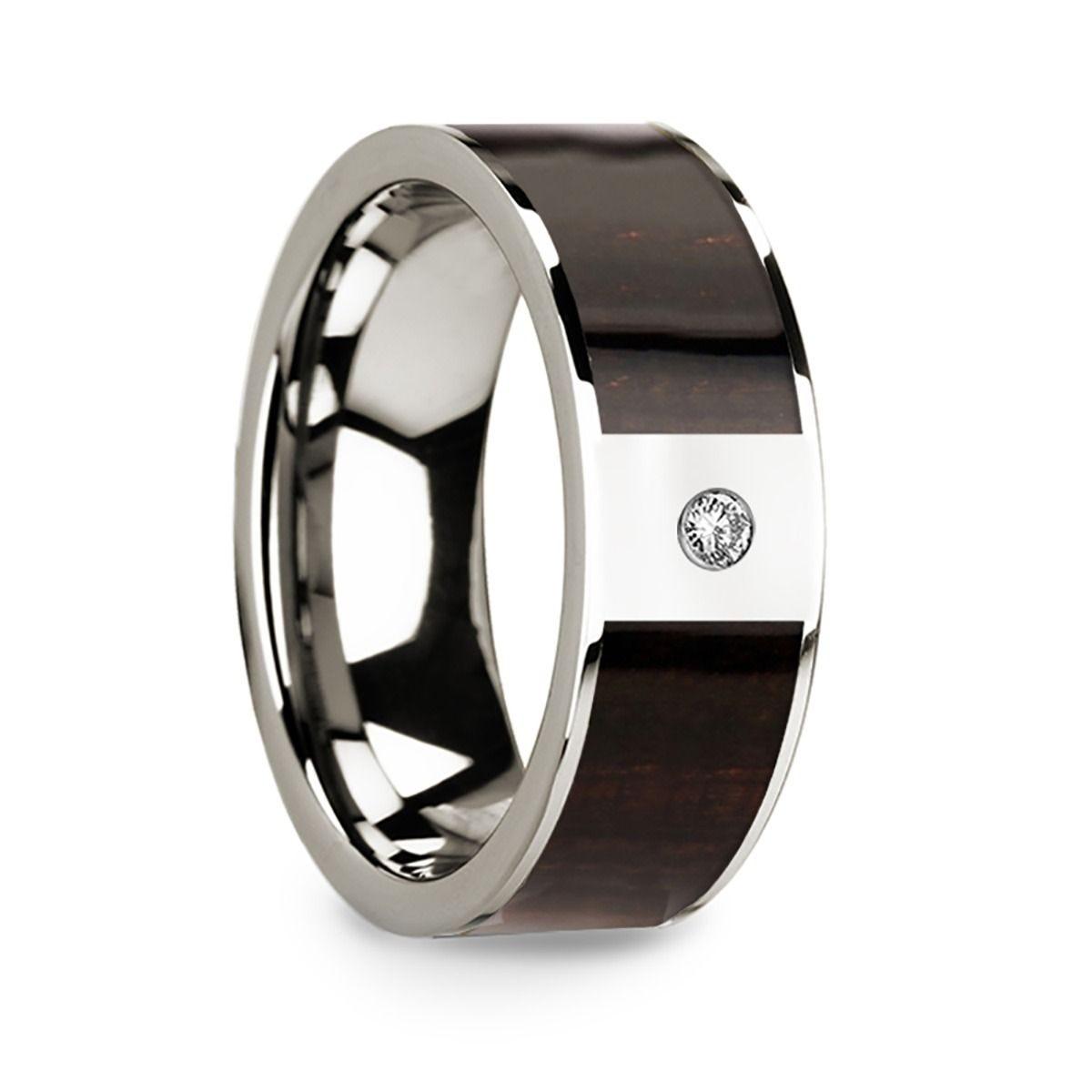 Men's Polished 14k White Gold & Ebony Wood Inlaid Wedding Ring with Diamond Center - 8mm