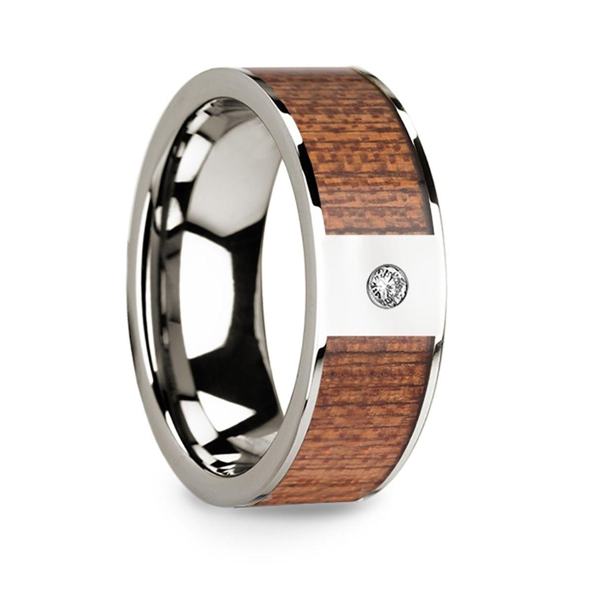 Men's Polished 14k White Gold Wedding Band with Cherry Wood Inlay & Diamond Center - 8mm