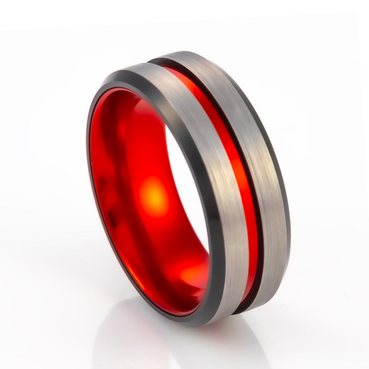 8mm - Red Tungsten Ring Black beveled edges w/ Brushed center wedding band