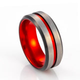 8mm - Red Tungsten Ring Black beveled edges w/ Brushed center wedding band